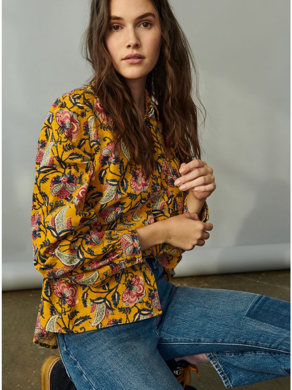 PILCRO BY ANTHROPOLOGIE Sigourney Corduroy Button Down in Yellow Floral Pattern